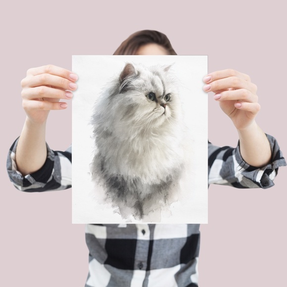 Watercolor White Persian Cat Portrait Wall Art Print Poster, Unframed - Picture 4 of 6